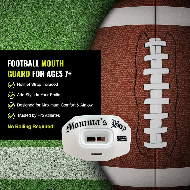 DAMAGE CONTROL Youth Football Mouth Guard – Breathable No Boil Mouthpiece, Protects Lips & Teeth, Works with Braces, Includes Helmet Strap – Sports Gear & Accessories (Momma's Boy) - Image 4